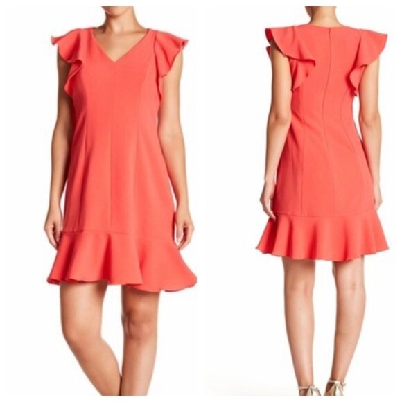 Eliza J Dresses & Skirts - Eliza J, V-Neck Ruffle Hem Dress, Coral, Size 12 NWT